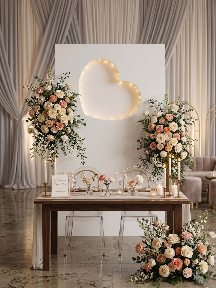 Large white backdrop panel with an illuminated heart cutout, set behind a wedding reception sweetheart table with blush rose florals, tall brass candles, and ghost chairs.
