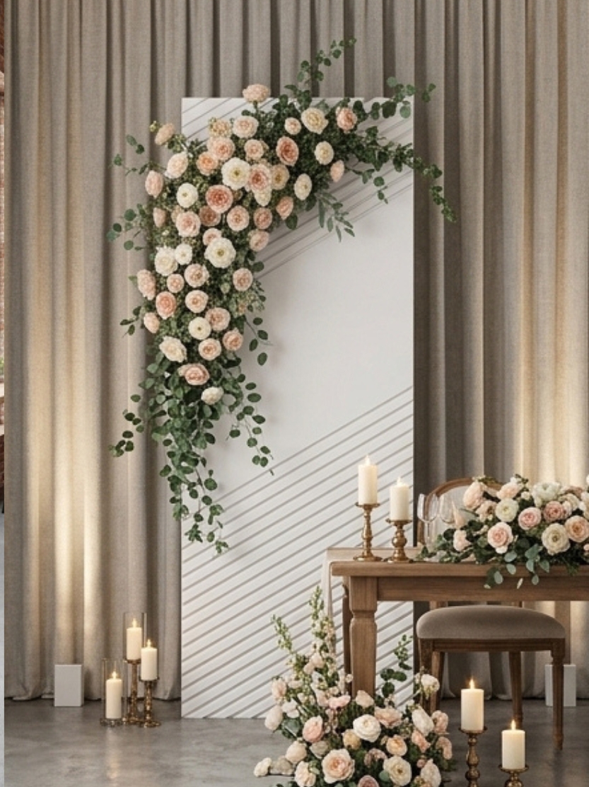 Modern white rectangular backdrop panel featuring diagonal grooved line texture, adorned with a blush pink rose floral arrangement for a luxury wedding reception sweetheart table.
