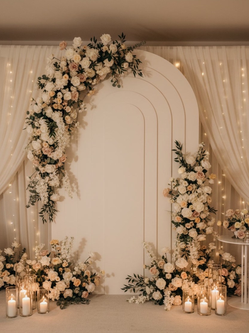 Luxury multi-layered concentric arch backdrop panel styled with cascading blush rose floral arrangements, ground florals, and pillar candles for an elegant indoor wedding reception ceremony.