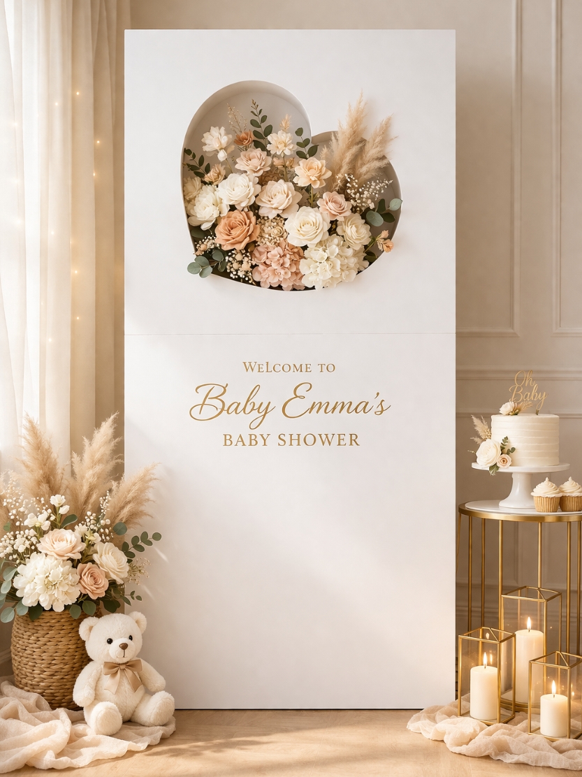 Personalized white backdrop panel with an illuminated heart-shaped recessed niche filled with neutral flowers and pampas grass, custom gold baby shower lettering, and teddy bear decor.