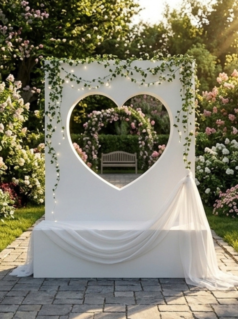 Large white square backdrop panel with a open heart cutout window, styled with green ivy vines, fairy lights, and draped white chiffon fabric for a romantic outdoor garden wedding.