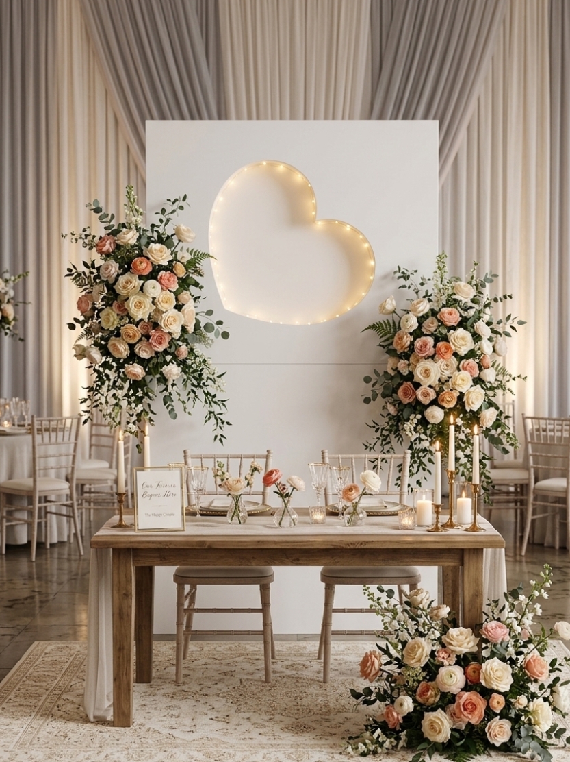 White wedding backdrop panel with glowing heart cutout LED light and romantic rose floral arrangements behind a bridal table setup.