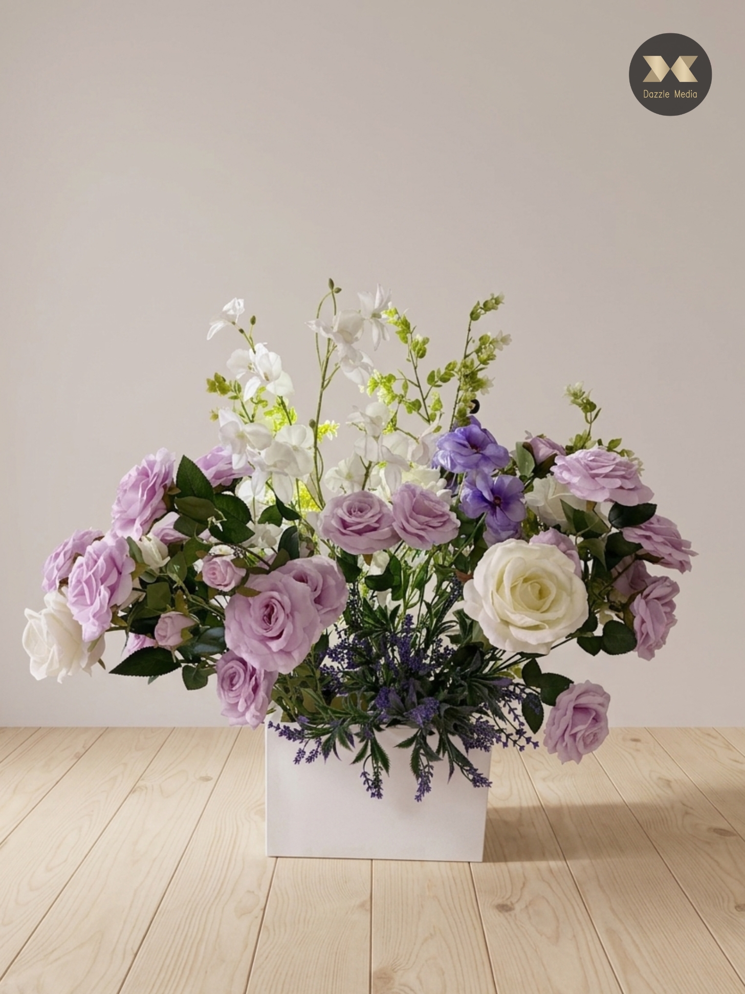 Long premium faux floral runner featuring blush pink and pastel purple silk flowers for backdrop decoration Melbourne