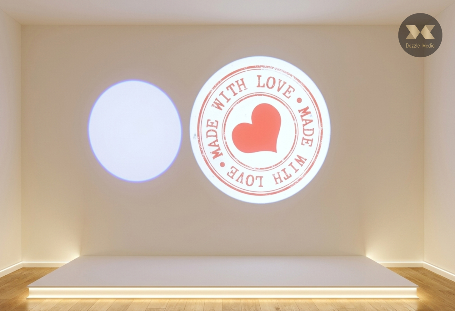 Gobo projector light casting a circular Made With Love stamp graphic with a red heart onto a white wall stage in Melbourne