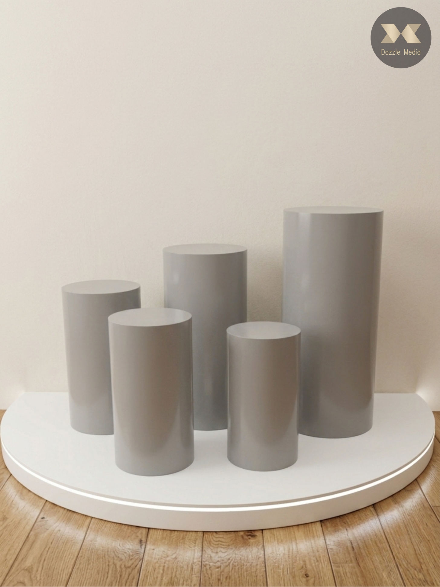 Modern White Round Cylinder Plinth 5-Piece Set for Rental  Melbourne